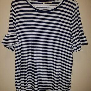 Navy and white striped flutter sleeve top